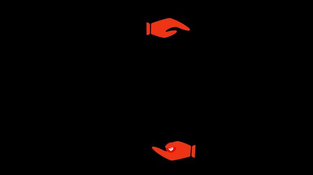 Two Pairs of Red Hands on a Black Background One Pair Above the Other The Pair is Open and Reaching Downward The Bottom Pair is Cupped and Holding a Coin With a Dollar Sign