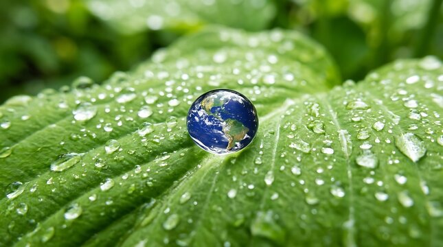 Earth globe in single water droplet on green leaf surface
