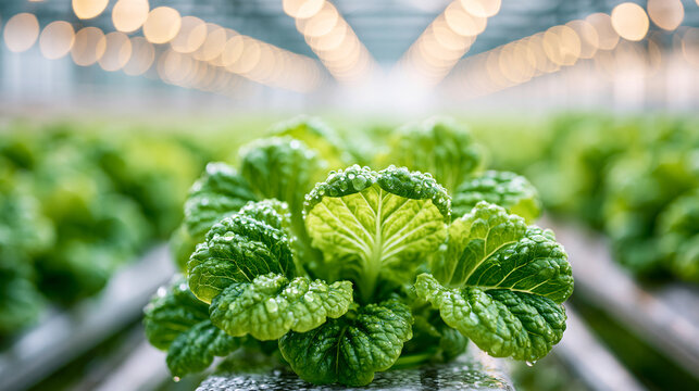 Close-up of a leafy green plant growing in a modern indoor hydroponic farm with blurred lights in the background.