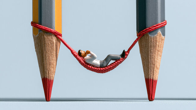 Miniature Businessman Relaxing in Hammock Tied Between Pencils Concept for Work Life Balance, Stress Relief, and Office Break