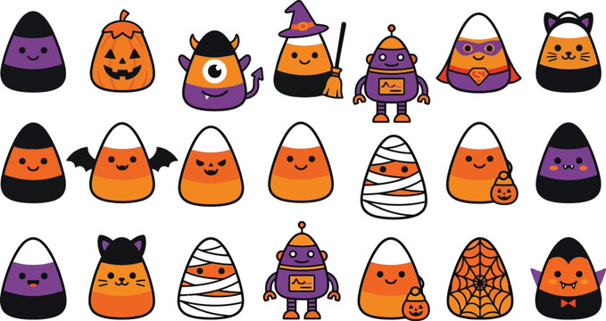 Candy corn Halloween characters set for festive designs and decorations
