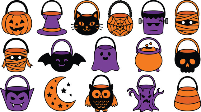 Halloween-themed cartoon trick or treat buckets and symbols for design and decoration