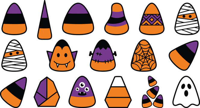 Halloween candy corn illustrations set with various spooky and playful designs
