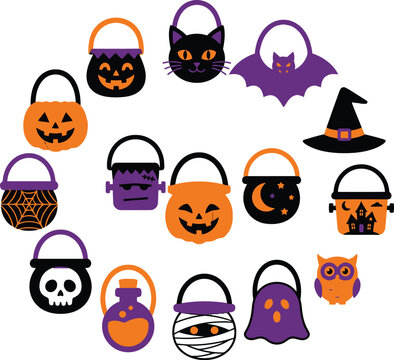 Colorful Halloween-themed trick-or-treat bag icons set for party decoration and design