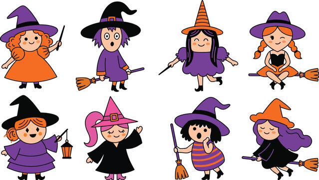 Cute cartoon witches in various costumes and poses for Halloween designs