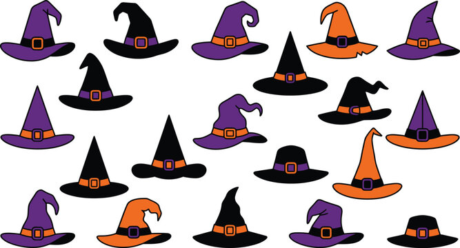 Halloween witch hats in purple, orange, and black on white background
