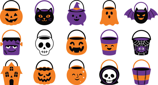 Set of cartoon Halloween trick or treat bucket icons in orange and purple