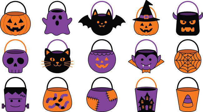 Halloween trick-or-treat bucket collection for party decorations and designs