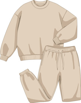 Beige sweatshirt sweatpants matching set, lounge wear outfit, elastic waistband drawstring, ribbed cuffs casual clothing vector illustration artwork