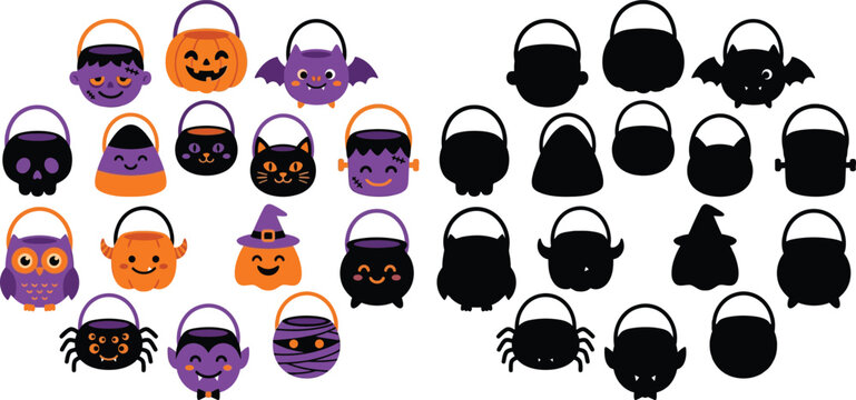 Halloween Trick or Treat Bags and Buckets Cartoon Illustrations for Party Supplies