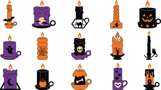 Spooky Halloween candles collection with black, orange, and purple decorations for festive design projects