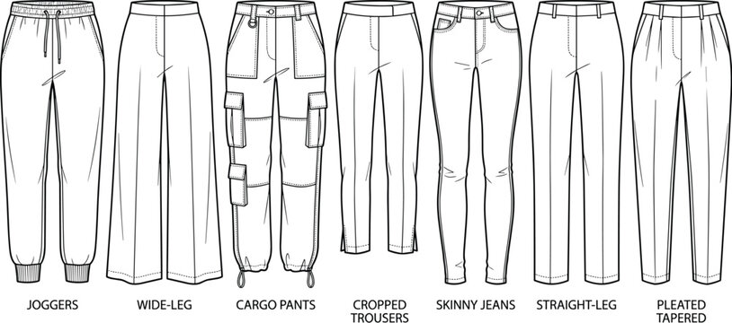 Jogger wide leg cargo cropped trousers skinny jeans straight leg pleated tapered pants silhouette fashion vector illustration artwork