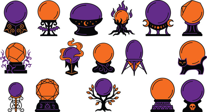Mystical Crystal Ball Illustrations Set for Halloween Decor and Magic Themes
