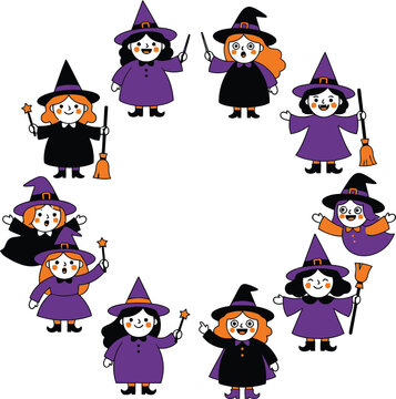 Adorable Cartoon Witches in Purple and Black Halloween Illustration