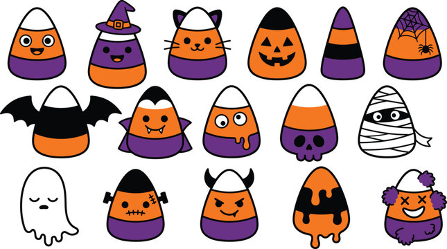 Halloween candy corn decorations with cartoon characters and spooky designs perfect for party decor