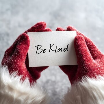 Person in Red Santa Claus Gloves Holding a Note Card with Be Kind Message Against Frosty Background
