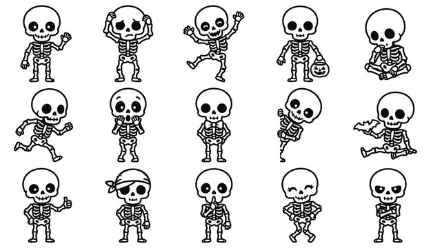 Set of cute hand drawn skeleton characters for halloween celebration featuring various poses and expressions in black outline