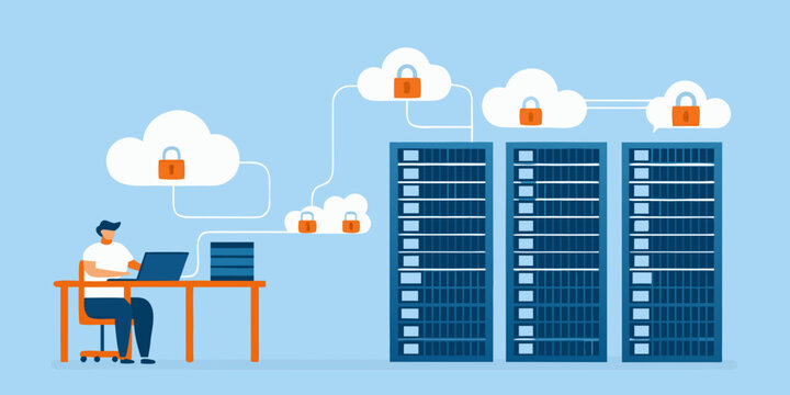 cloud security concept flat vector illustration server rack lock data protection network technology internet privacy encryption digital infrastructure workstation computer administrator cyber safety