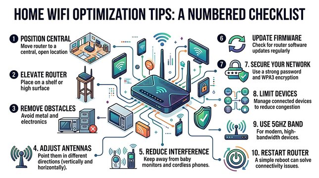 Infographic for home wifi optimization tips with router and icons