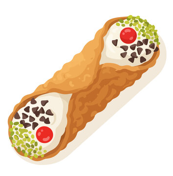Illustrated Cannoli Pastry with Cream and Toppings Isolated