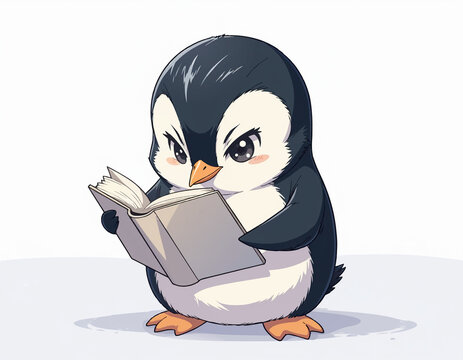 Adorable cartoon penguin chick reading a book on white background