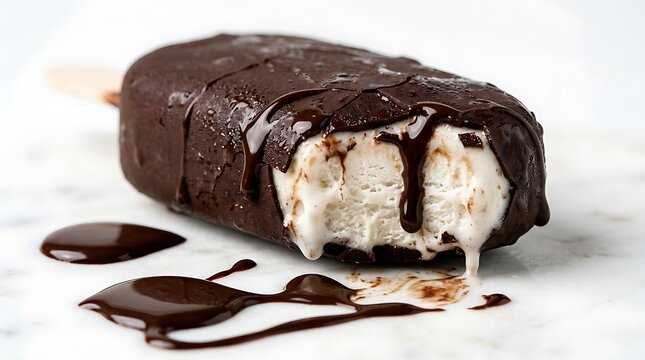 Bitten chocolate ice cream bar with melting sauce on marble