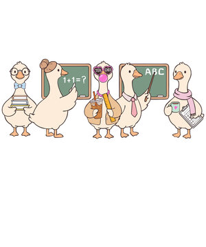 Cute teacher ducks classroom clipart cartoon illustration pack isolated on transparent background