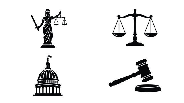 Justice and law symbols icon set.