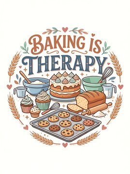 Baking is therapy quote with assorted cakes cookies and kitchen tools
