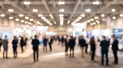 Fototapeta premium Blurred busy exhibition hall with professionals walking among booths at industry trade show for corporate marketing and networking event background concepts