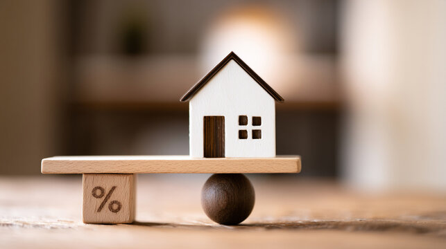 Wooden House Model And Percentage Sign Balanced On Wooden Seesaw Board
