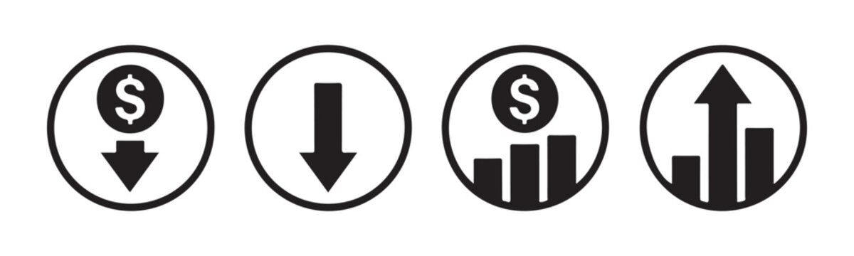 Financial downturn vector icons with dollar symbol, down arrow, and decreasing bar graph.