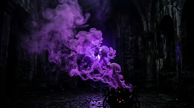 Mystical purple smoke billows from a cauldron in a dark, ancient stone chamber, creating an atmosphere of magic and.