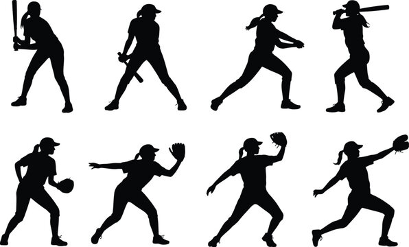Female Softball Player Silhouette Collection with Batting Pitching Catching and Fielding Action Poses Vector Set