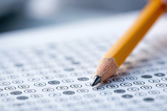 Close-up of yellow pencil marking answer on multiple choice test sheet with blurred background
