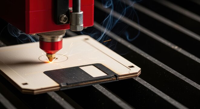 Industrial Laser Cutting Machine Engraving a Wooden Floppy Disk Icon with Smoke and Sparks