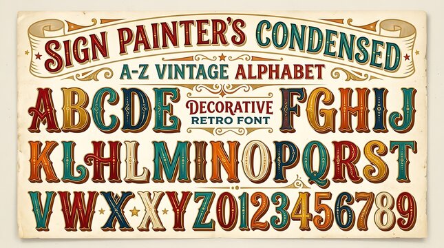 Vintage sign painter alphabet. Retro decorative typography set with numbers and letters.