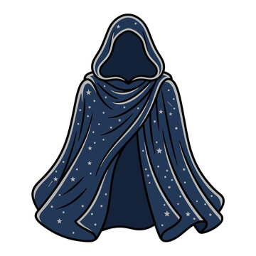 Mystical blue hooded cloak with glittering star pattern, magical wizard cape vector illustration