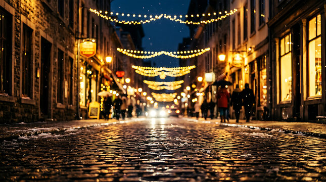 Snowy evening in city with illuminated buildings and wet street