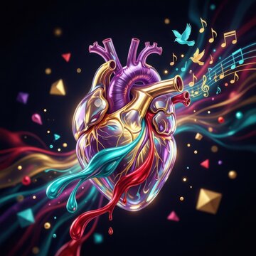 Human heart anatomy with vibrant digital sound waves. 3D medical illustration of cardiovascular system and music energy flow for health tech.