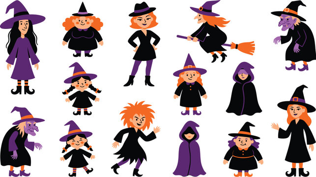 Halloween witches in various poses and styles for party decoration or design