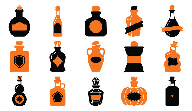 Set of decorative halloween potion bottles with orange and black labels for spooky party invitation design elements
