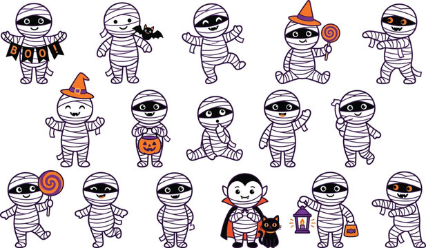 Cute cartoon mummy characters for Halloween decorations and kids' party themes