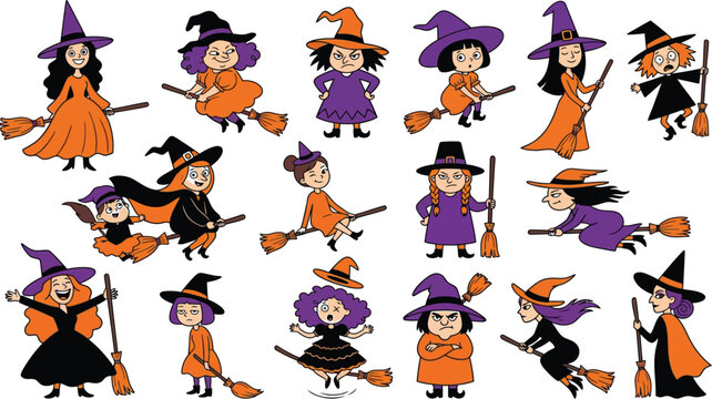 Halloween witches flying on broomsticks in orange and purple costumes