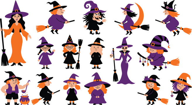whimsical cartoon witches in various poses and outfits for Halloween