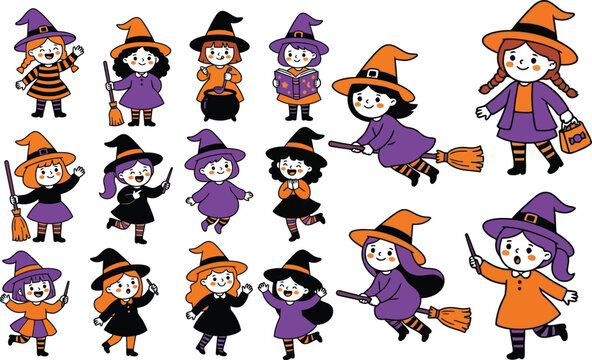 Cute cartoon witch girls in orange and purple costumes for Halloween