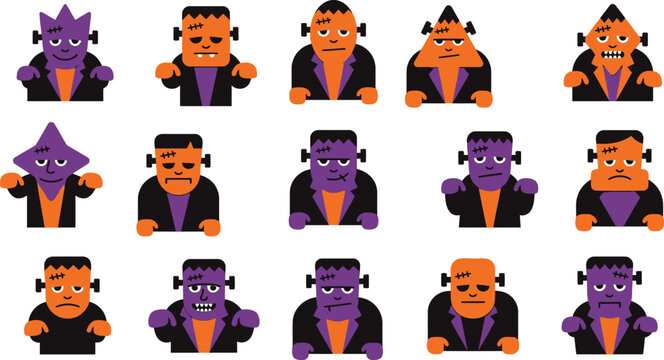 Frankenstein monster illustrations in various emotions and colors for Halloween