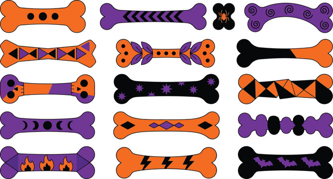 Halloween themed bone shapes in orange, purple, and black