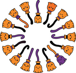 Halloween broomsticks with smiling orange ghost heads flying in a circle