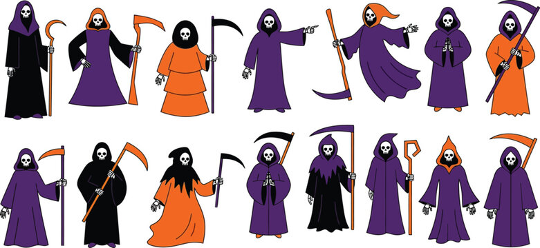 Collection of colorful cartoon grim reapers in various poses for Halloween